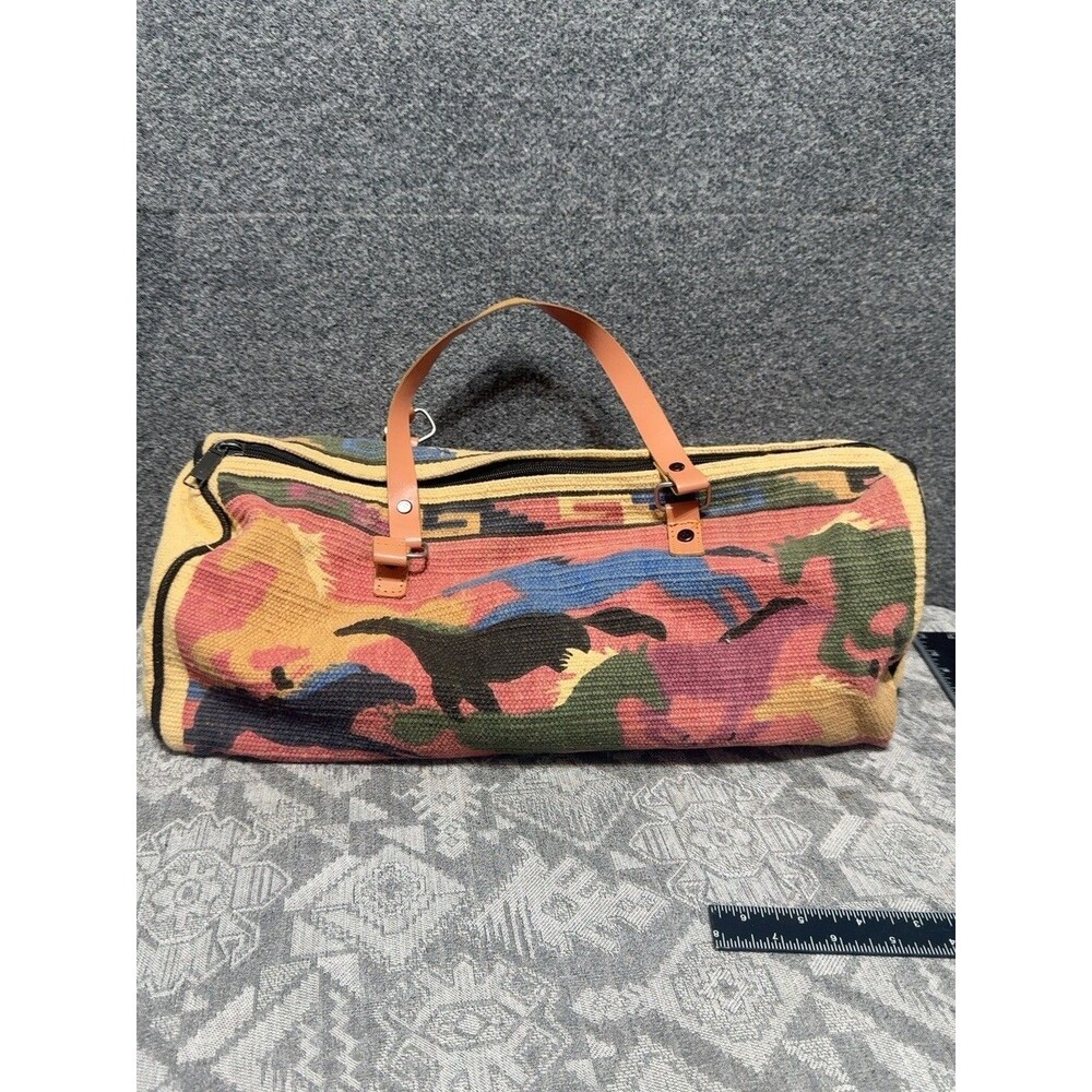 El Paso Saddle Blanket Co Western Leather Handle Cotton Satchel Roll Bag Horses